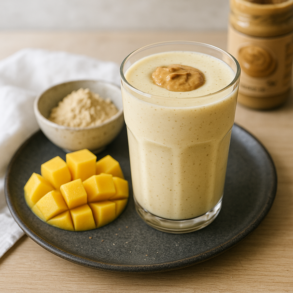 Cremiger Mango-Proteinshake mit Erdnussbutter
