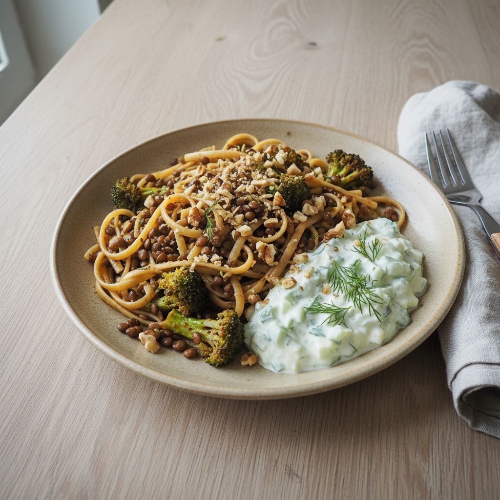 Dillige Linsen-Linguine mit Gurken-Skyr und Brokkoli