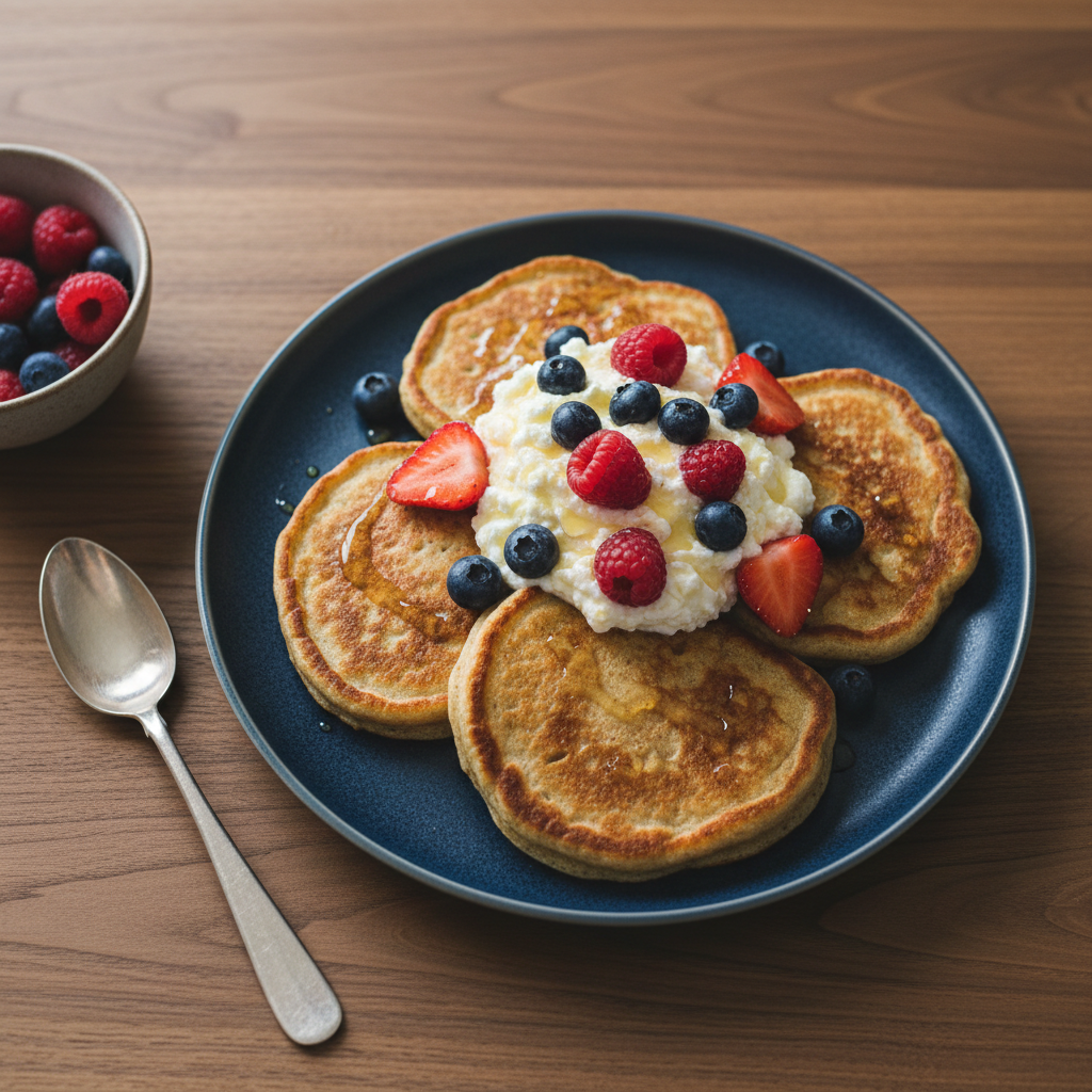 Dinkel-Pfannkuchen mit Hüttenkäse und Beeren