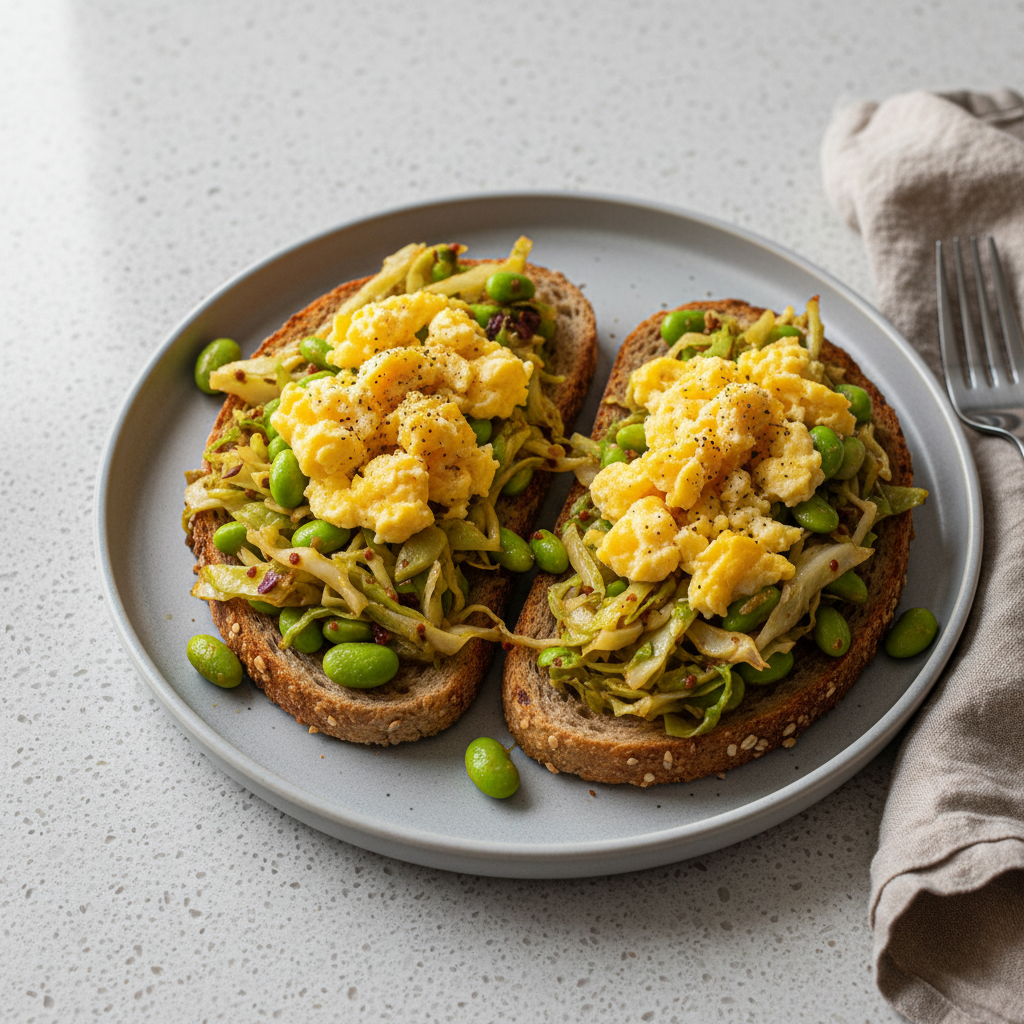 Edamame-Rührei auf Vollkorntoast mit Senf-Spitzkohl