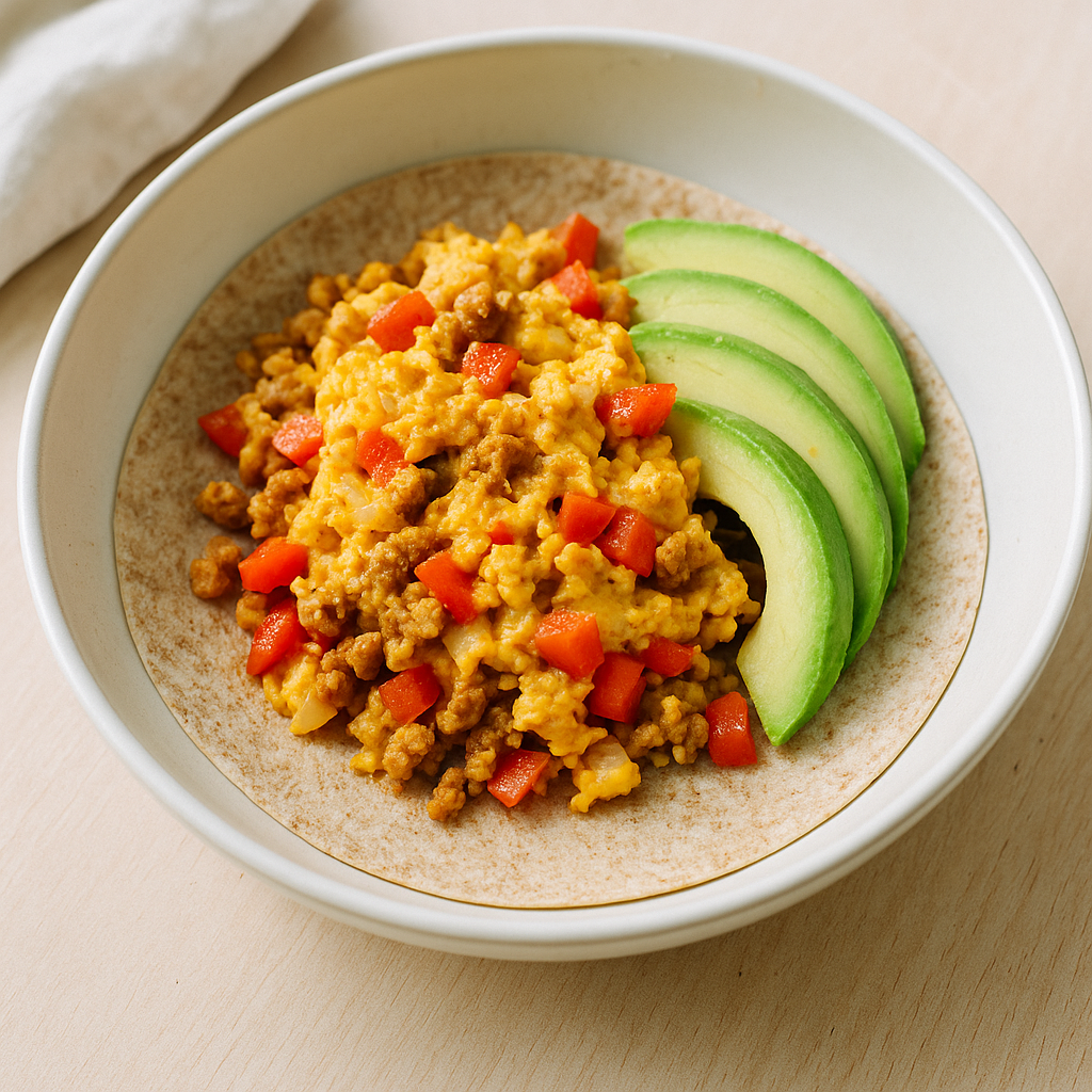 Ei-Tortilla mit Rührei, Paprika und Avocado