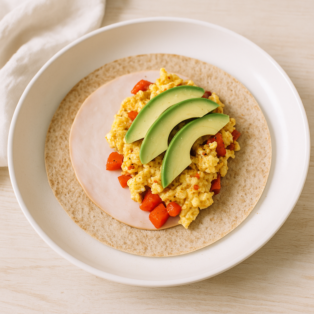 Ei-Wrap mit Rührei, Paprika und Avocado
