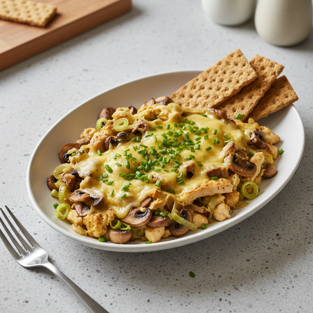 Eierpfanne mit Champignons, Lauch und Käse mit Knäckebrot