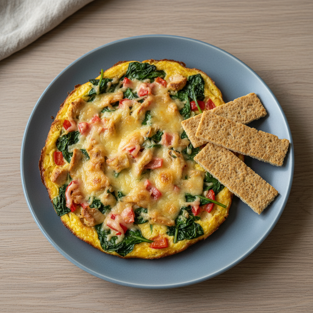 Eierrühre aus dem Ofen mit Spinat, Paprika, Gouda und Knäckebrot