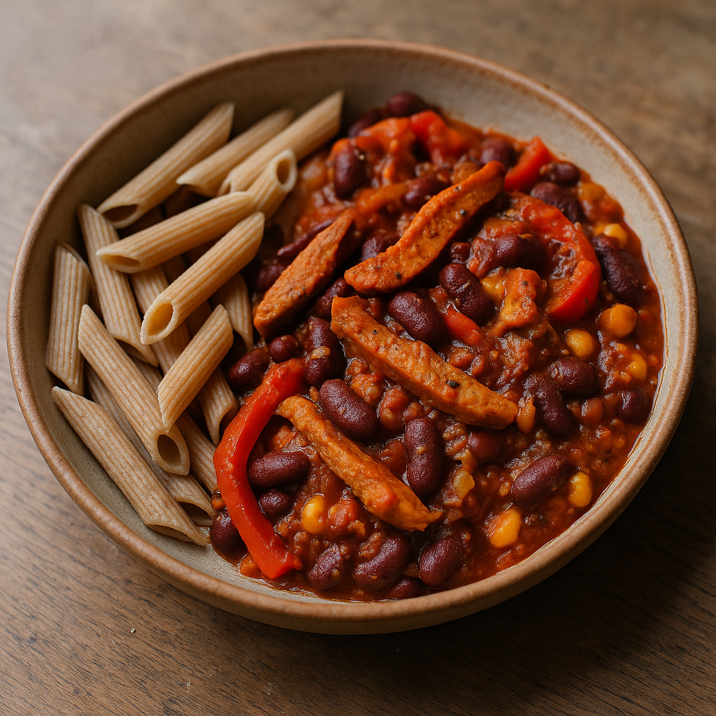 Enchilada-Pfanne mit Seitan, Kidneybohnen und Vollkorntortilla