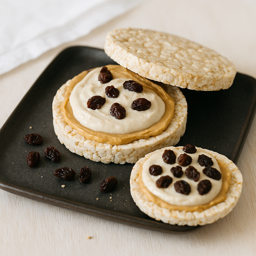 Erdnuss-Rosinen-Reiswaffel-Sandwich mit Whey