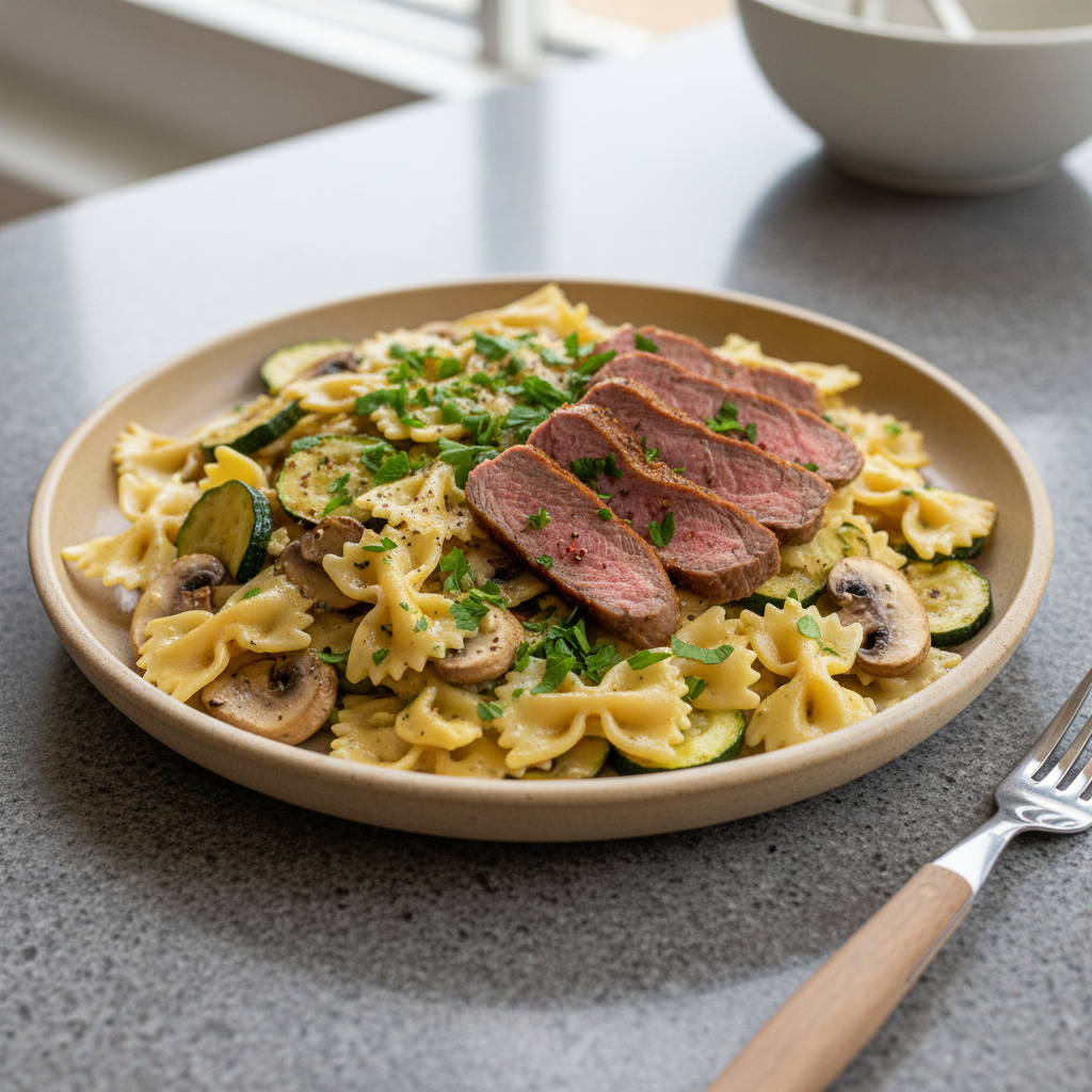 Farfalle mit Lammnierstück, Zucchini und Skyr-Senf-Sauce