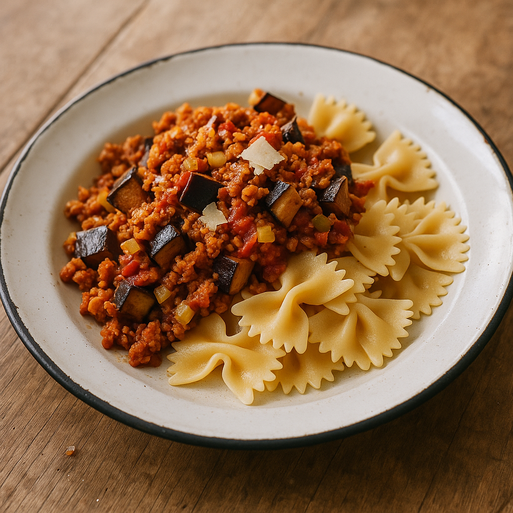 Farfalle mit Sojaschnetzel-Ragù, Aubergine und Parmesan