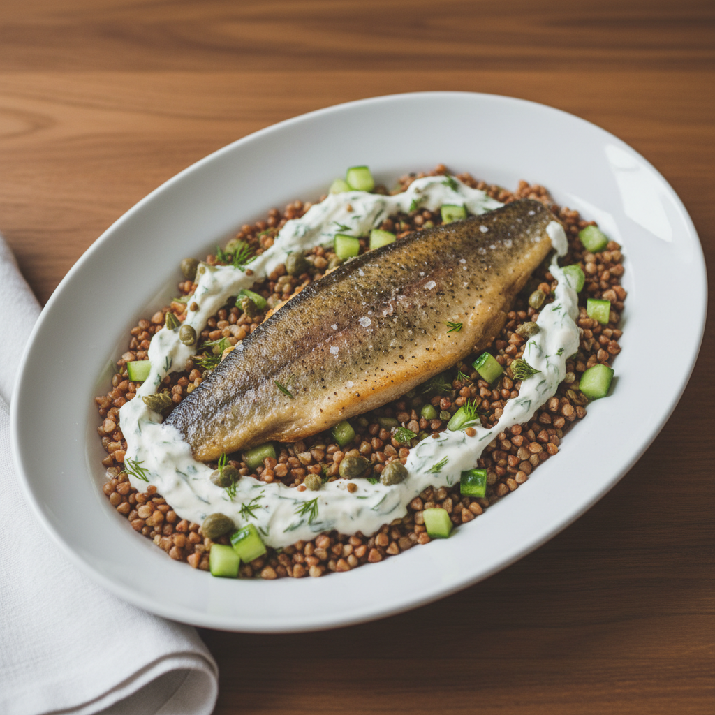 Forellen-Bowl mit Buchweizen, Gurke und Dill-Joghurt