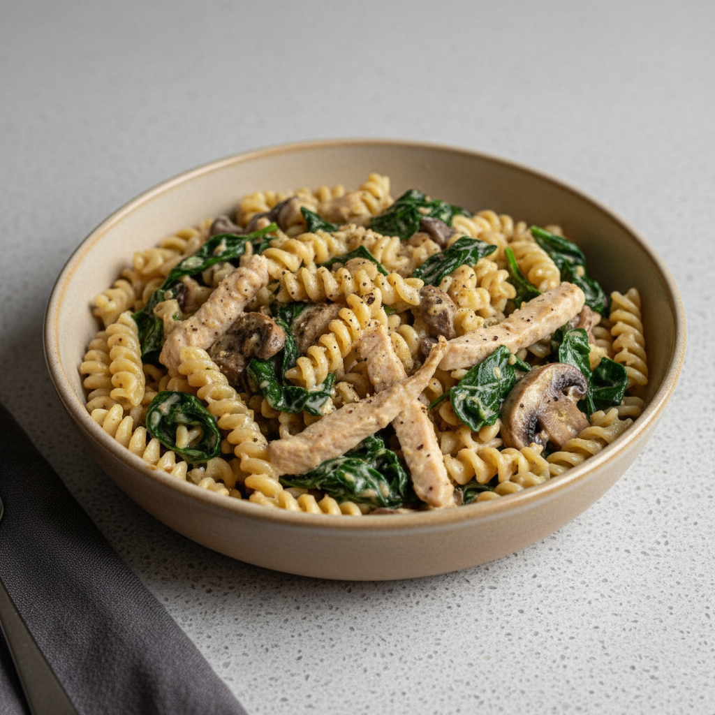 Fusilli-Bowl mit Truthenbrust, Spinat und Champignons in Senf-Joghurt-Sauce