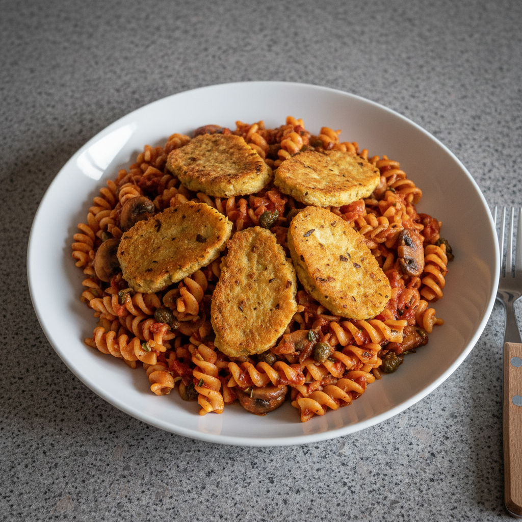Fusilli mit Lupinenmehl-Piccata und Tomaten-Pilz-Sugo