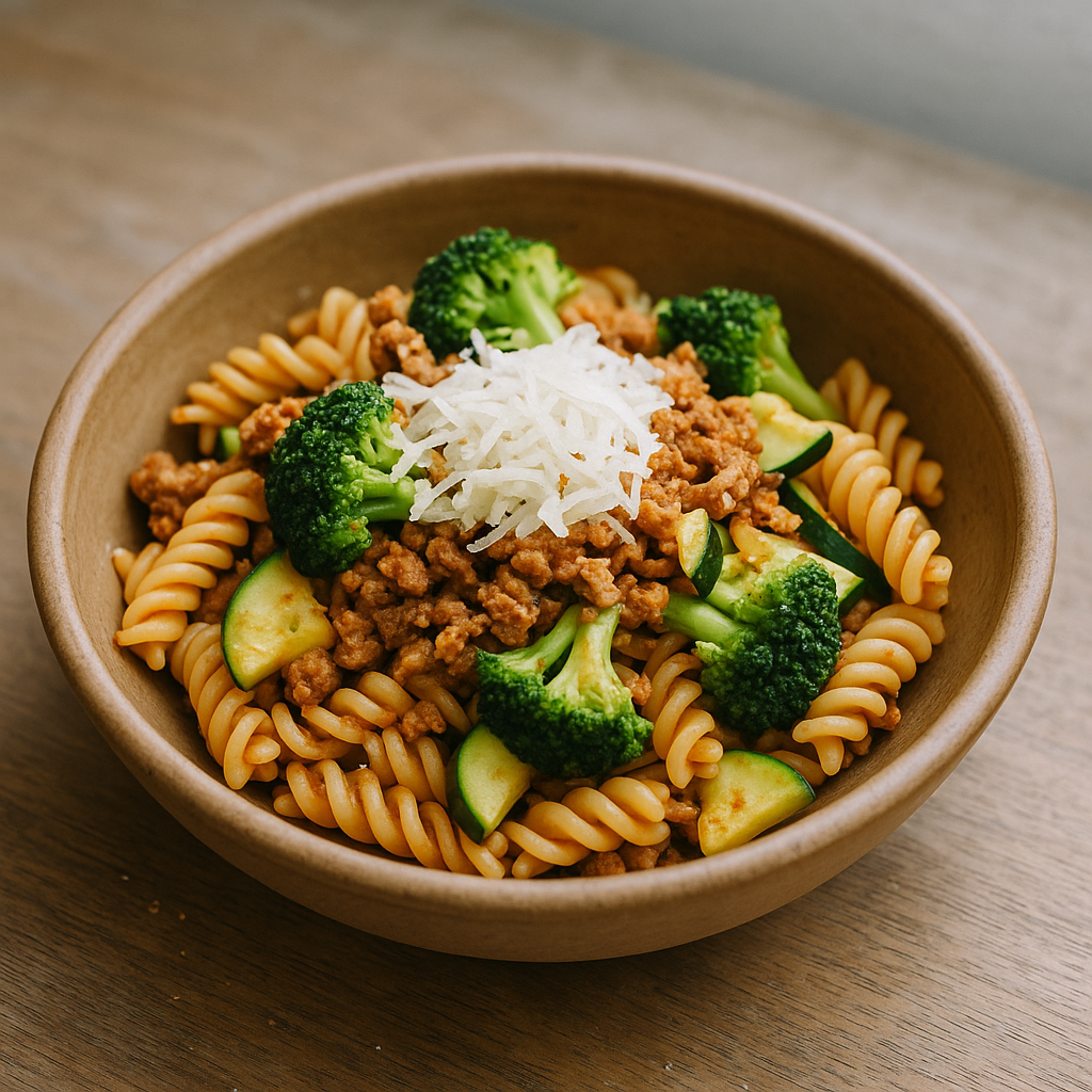Fusilli mit Sojaschnetzel-Brokkoli-Zucchini und Parmesan