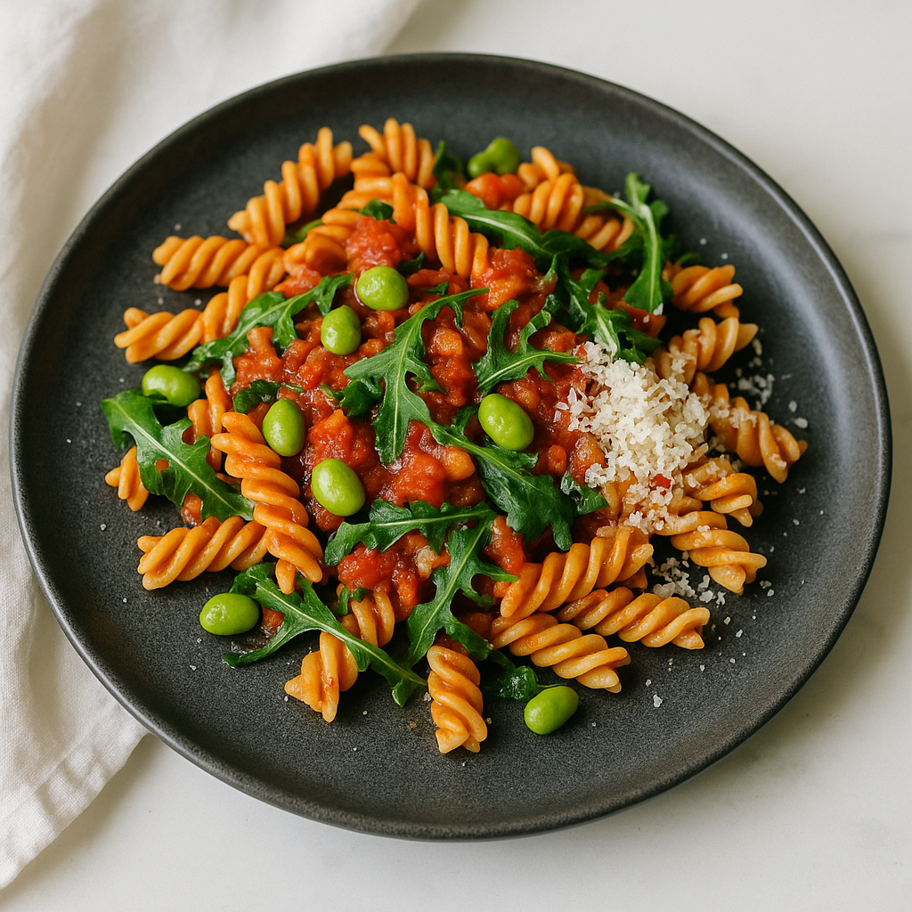 Fusilli mit Tomaten-Rucola-Sauce und Edamame