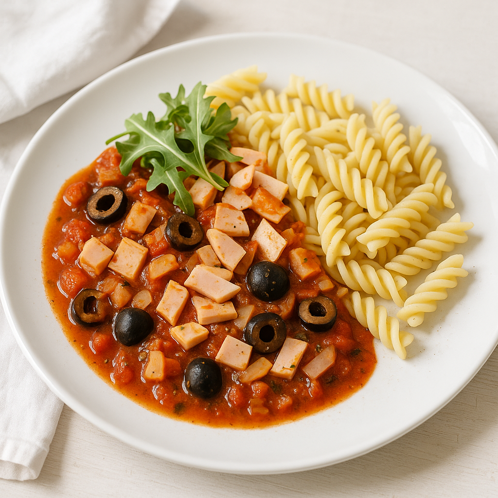 Fusilli mit Truthenbrust in Tomaten-Oliven-Rucola-Sugo