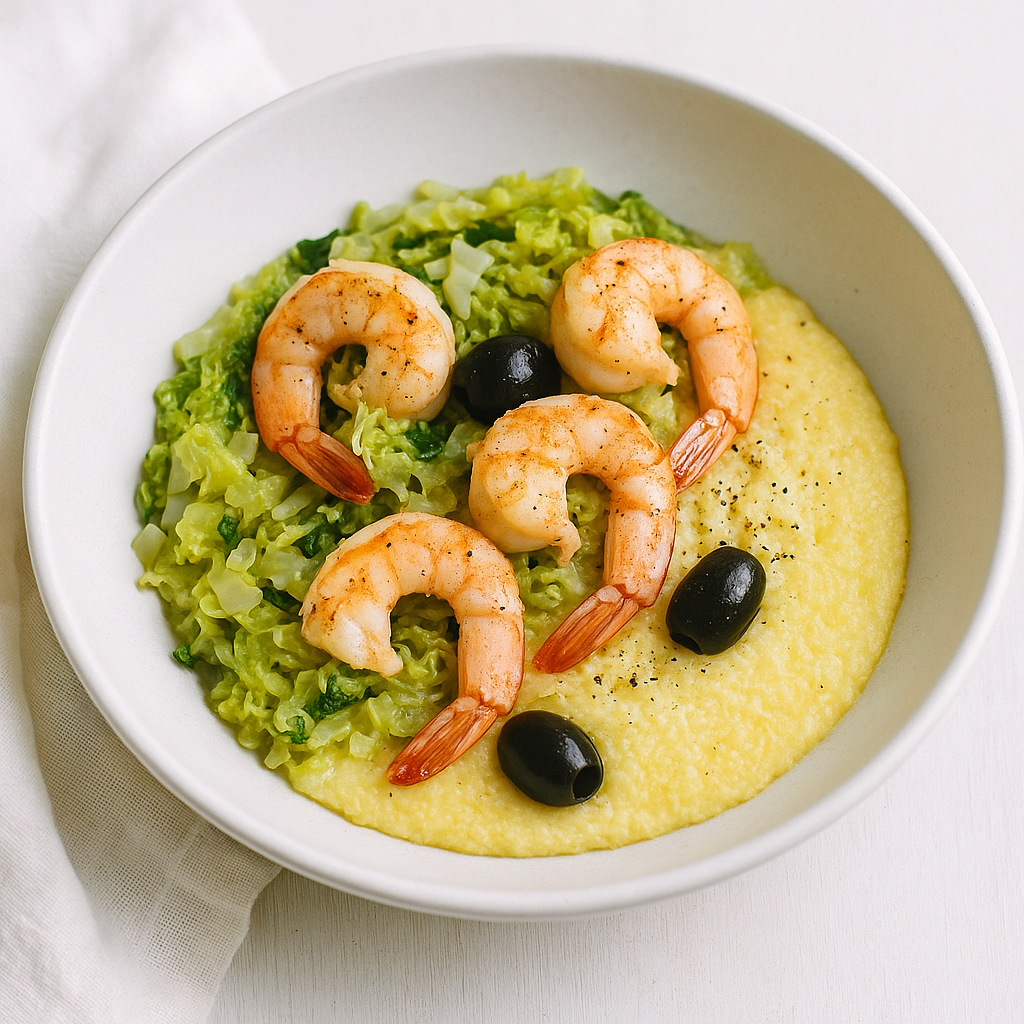 Garnelen auf cremiger Polenta mit Wirsing und Oliven