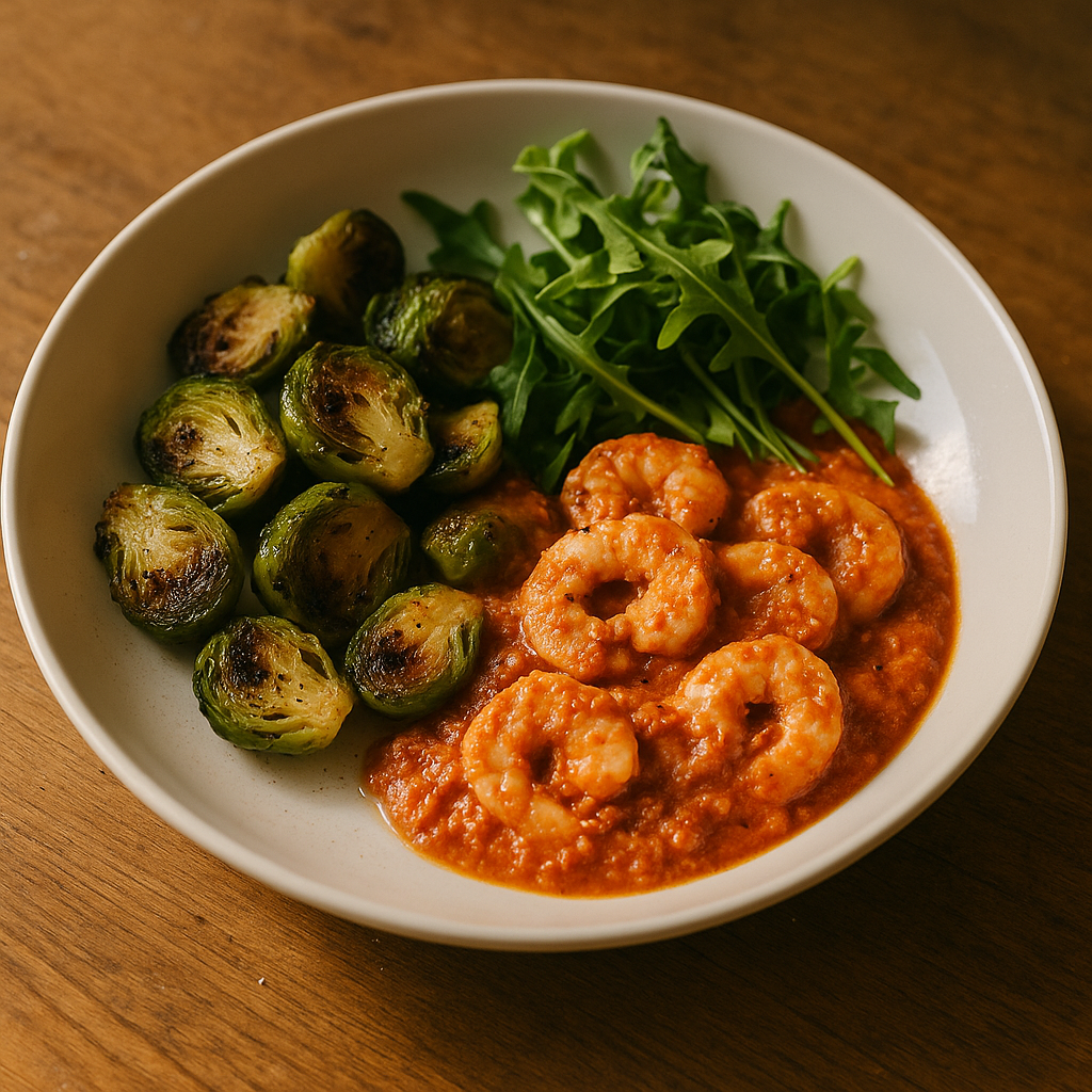 Garnelen in Tomaten-Ricotta mit Rosenkohl und Rucola