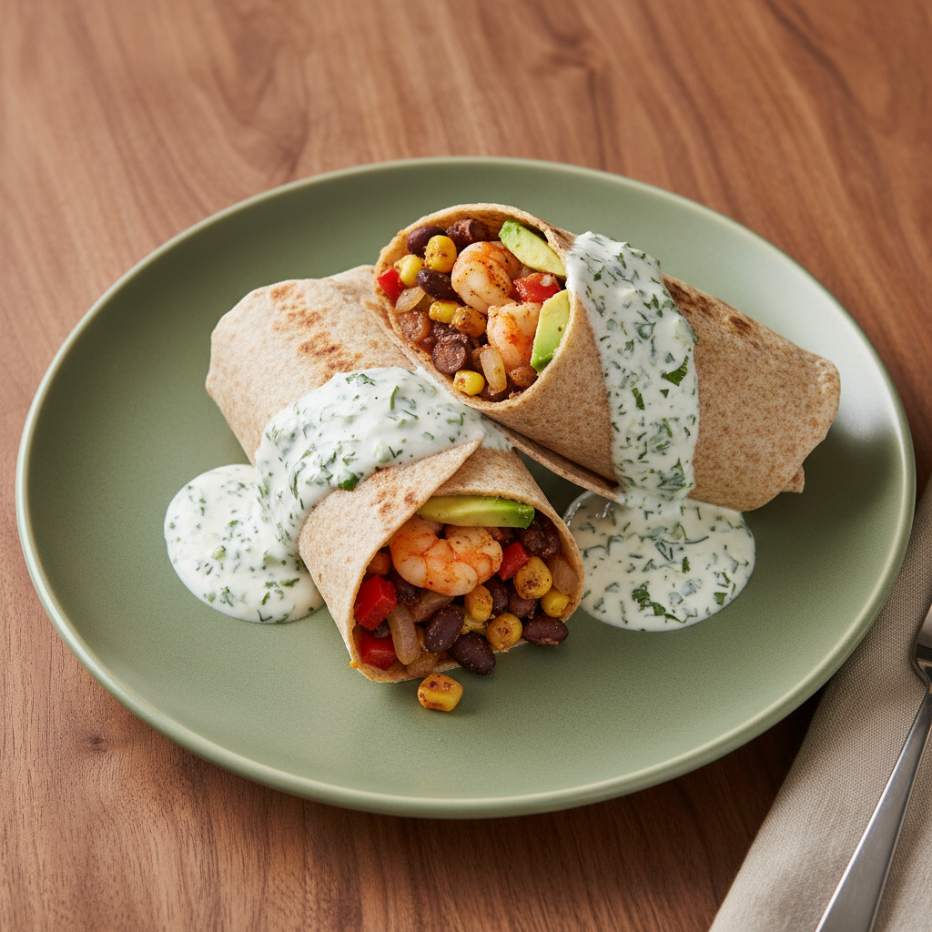 Garnelen-Wrap mit schwarzer Bohnen-Mais-Füllung und Skyr-Koriander-Sauce