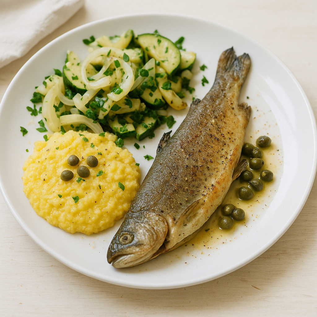 Gebratene Forelle mit Zitronen-Kapern-Polenta und Fenchel-Zucchini-Gemüse