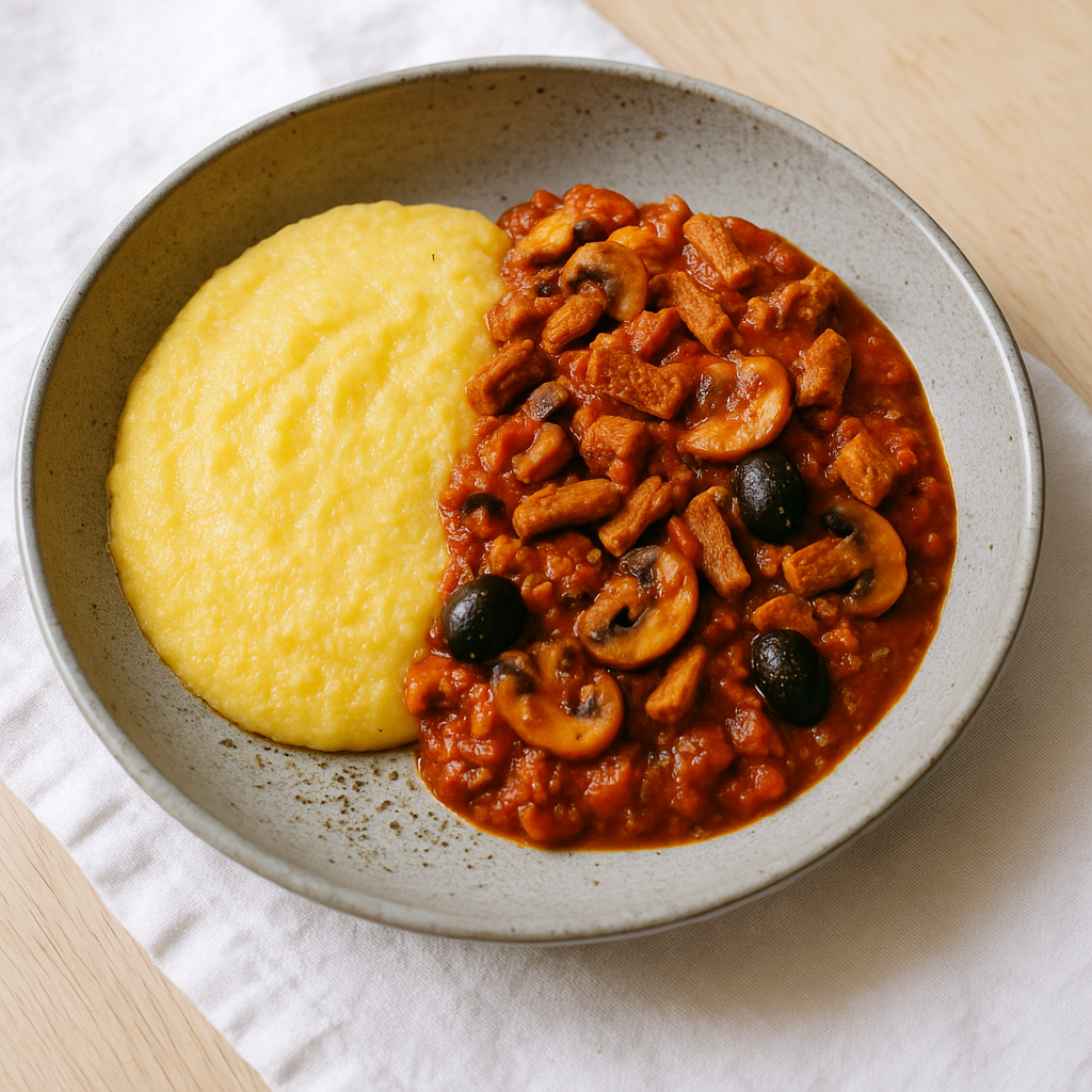 Gebratene Polenta mit Planted in Tomaten-Pilz-Ragù und Oliven