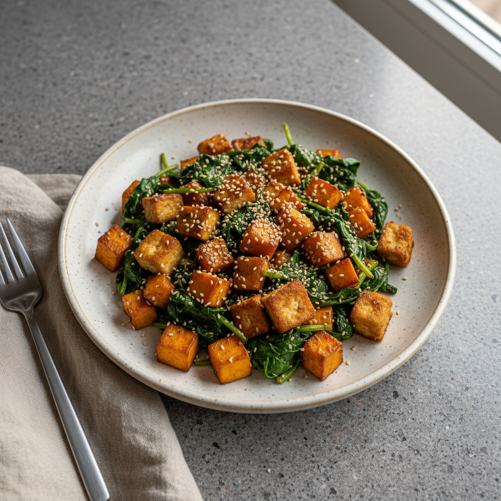 Gebratener Naturtofu mit Süßkartoffelwürfeln, Spinat und Sesam