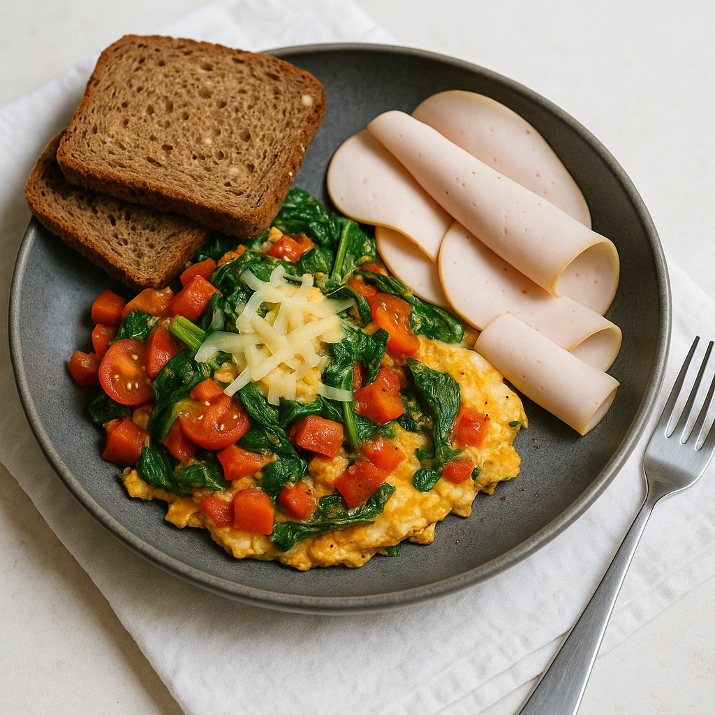 Gemüse-Käse-Ei-Pfanne mit Vollkornbrot und Hähnchenbrust Aufschnitt