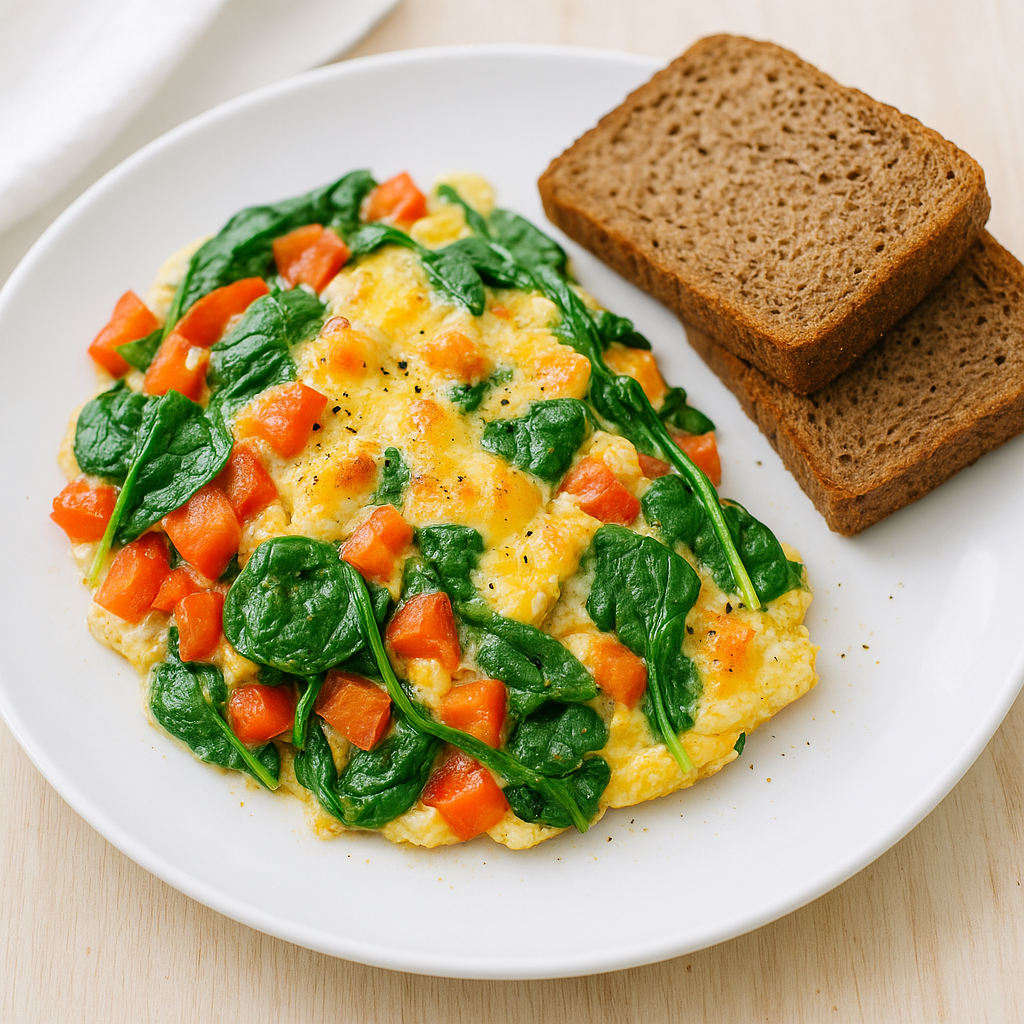 Gemüse-Käse-Eierpfanne mit Vollkornbrot