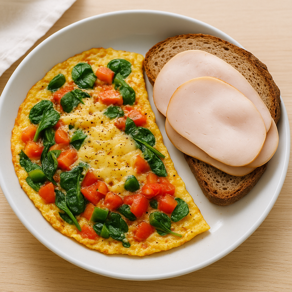 Gemüse-Käse-Omelett mit Roggenbrot und Hähnchenbrust-Aufschnitt