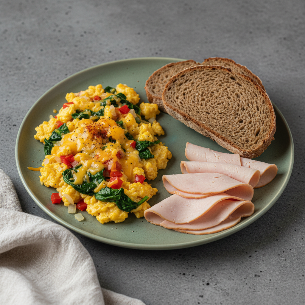 Gemüse-Käse-Rührei mit Roggenbrot und Truthenbrust Aufschnitt