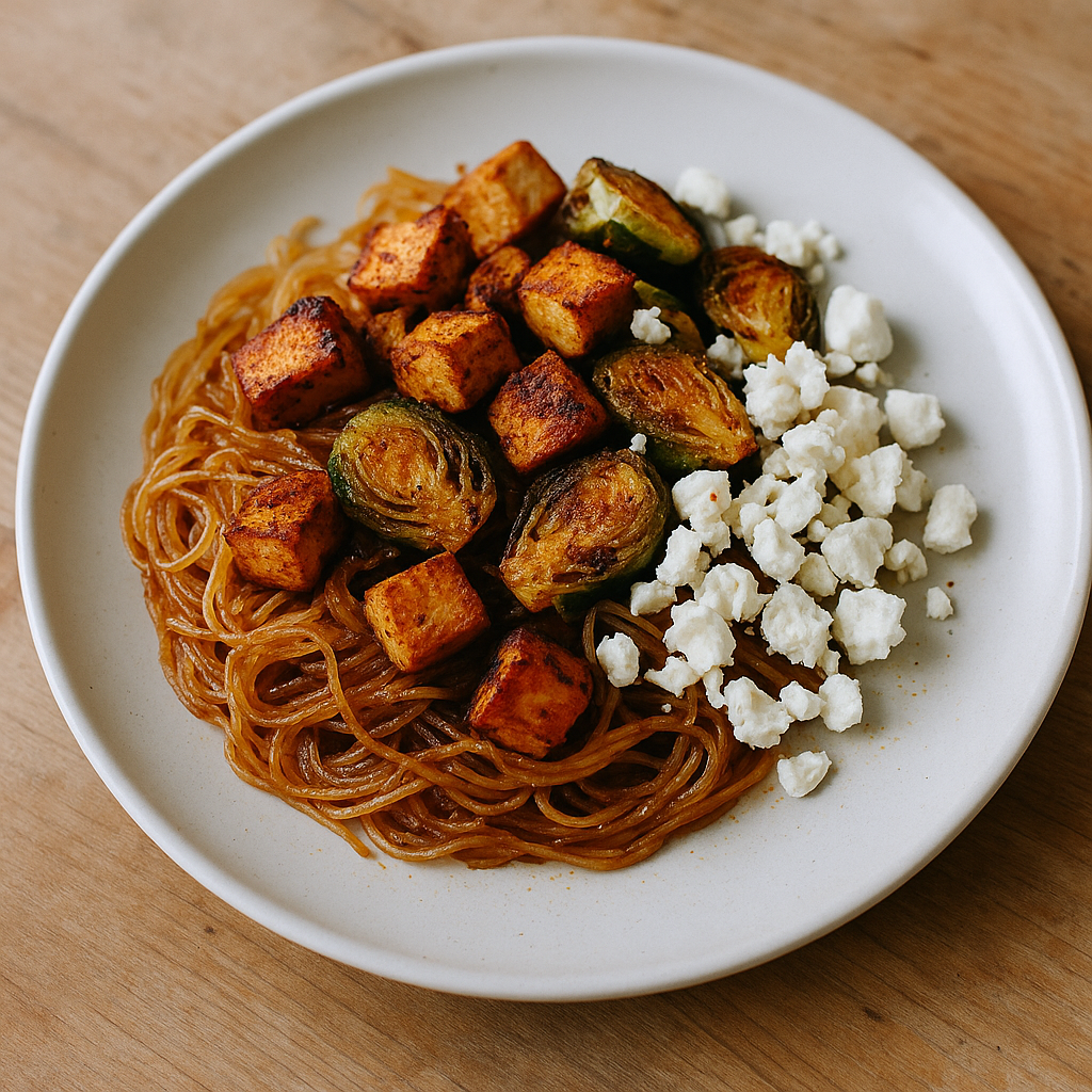 Glasnudel-Bowl mit Naturtofu, Rosenkohl und Feta
