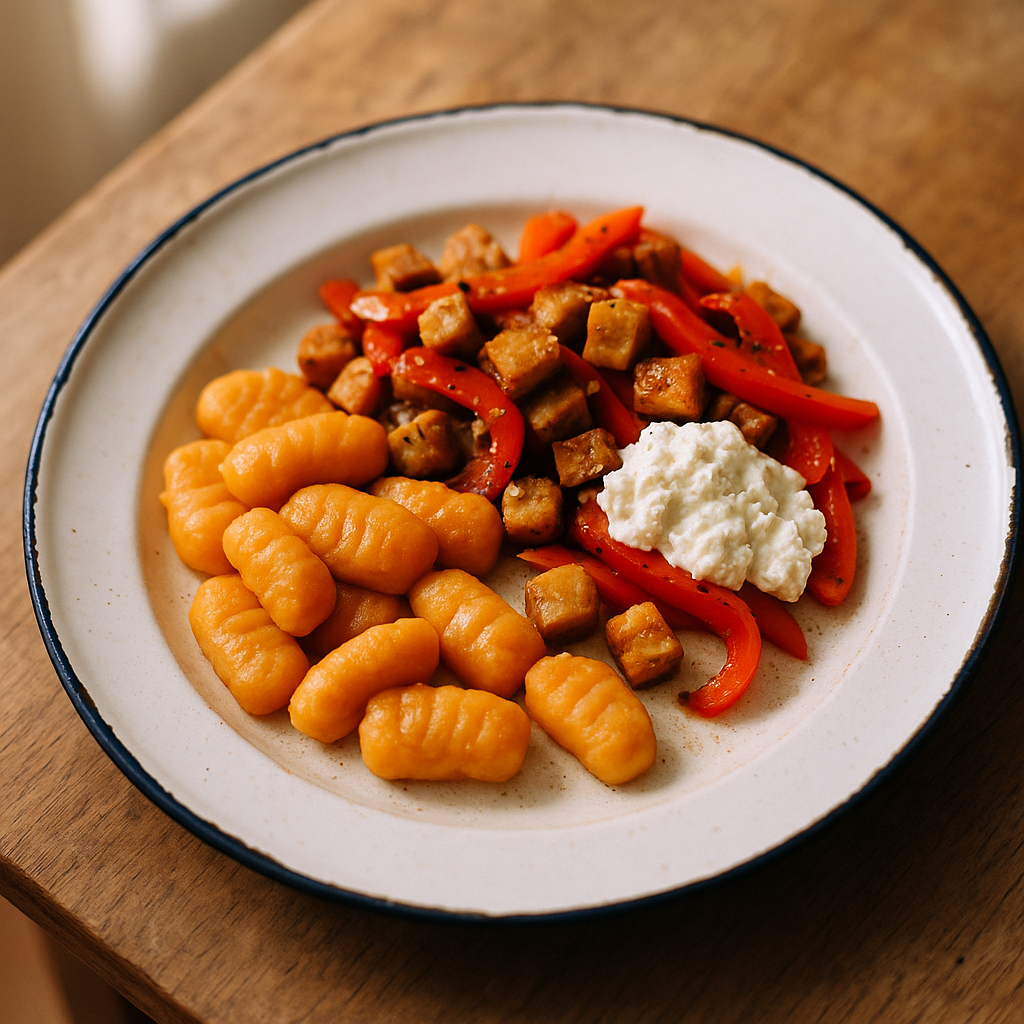 Gnocchi aus Süßkartoffel mit Tempeh, Paprika und Ricotta