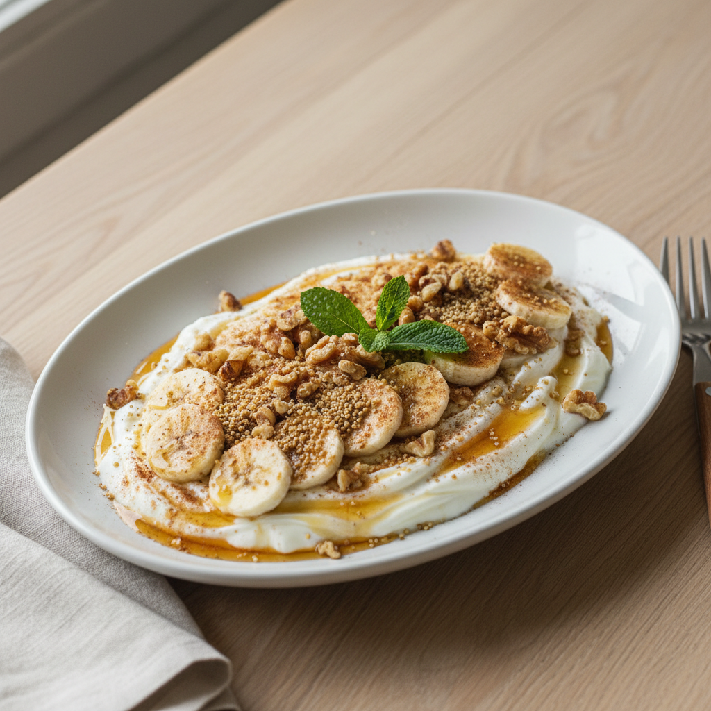 Griechischer Joghurt mit Honig, Walnüssen, Banane und Amaranth-Crunch