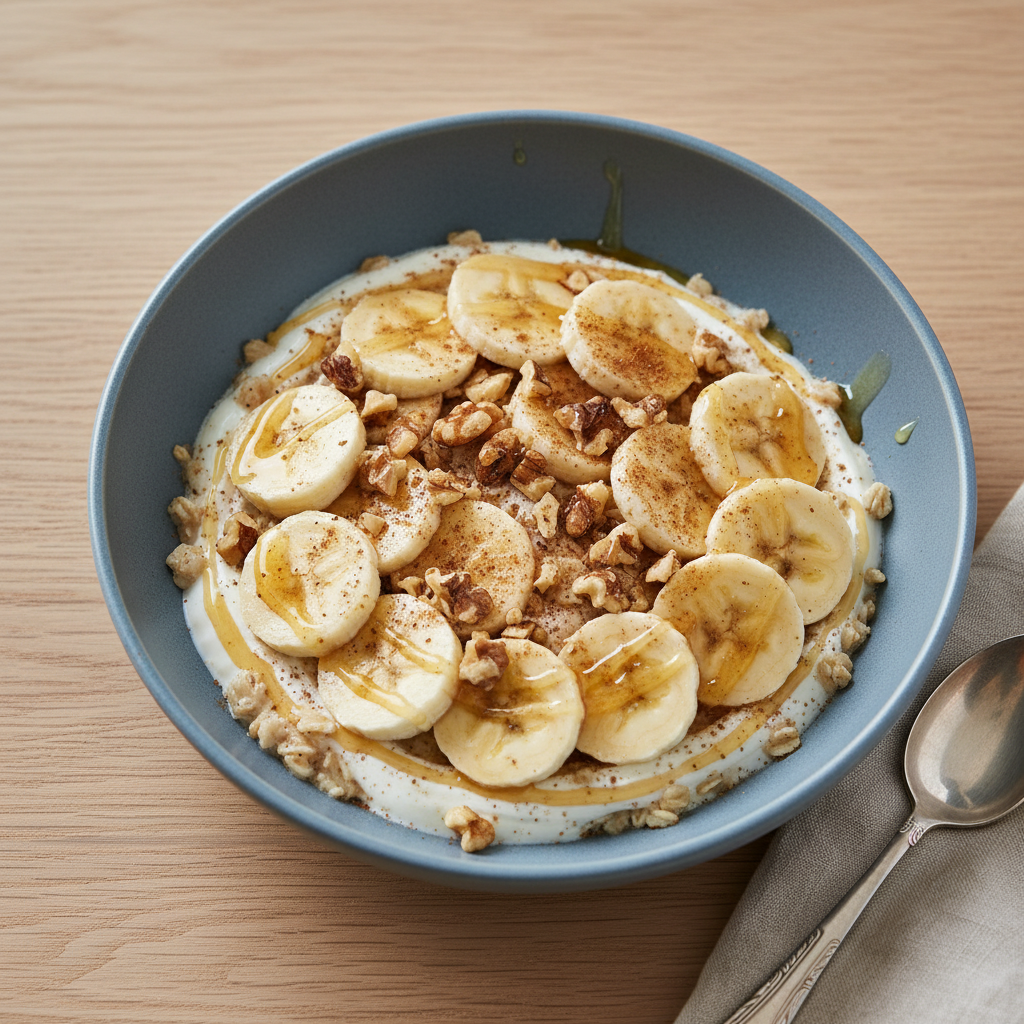 Griechischer Joghurt mit Honig, Walnüssen und Banane-Haferflocken