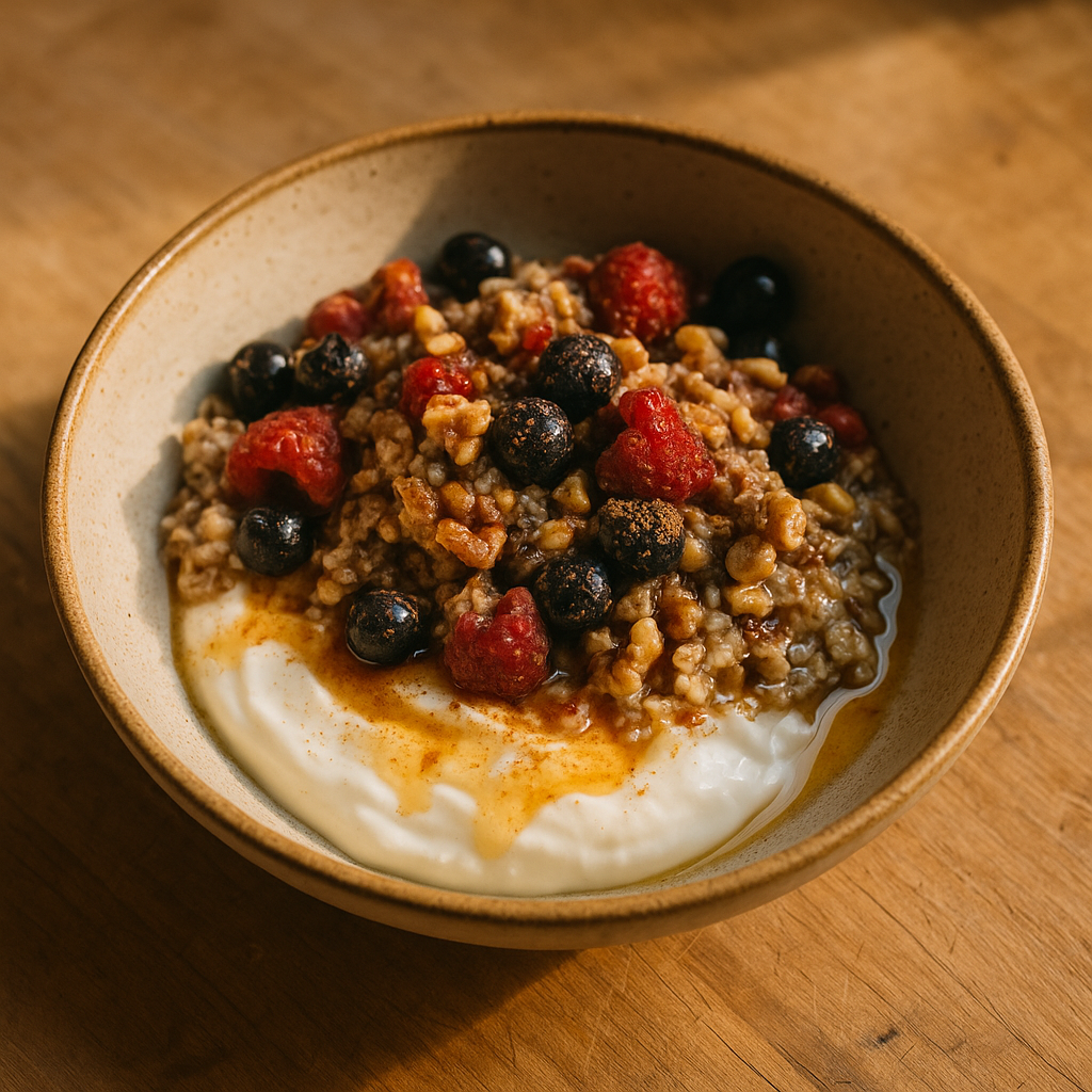 Griechischer Joghurt mit Honig, Walnüssen und Beeren-Haferflocken