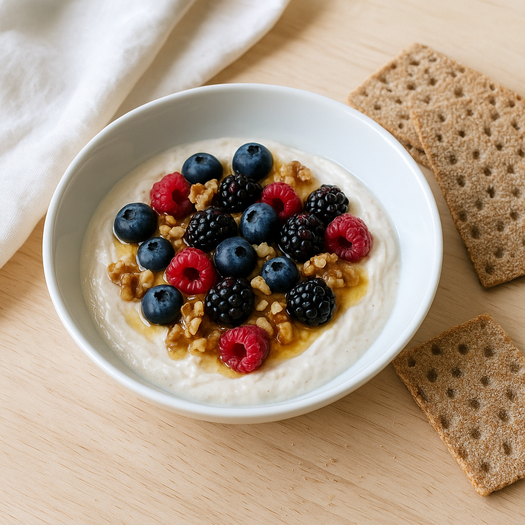 Griechischer Joghurt mit Honig, Walnüssen und Beeren mit Knäckebrot