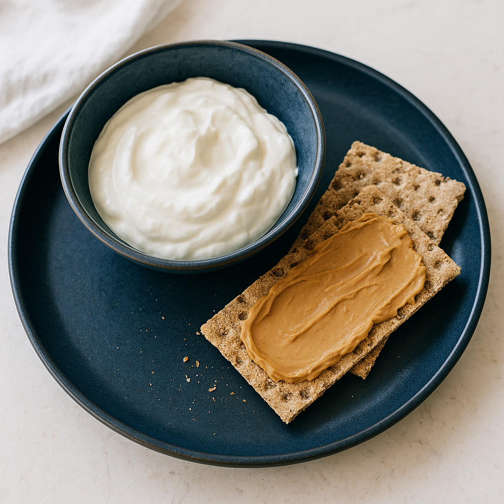 Griechischer Joghurt mit Knäckebrot und Erdnussbutter