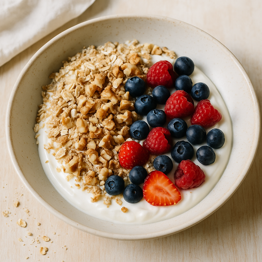 Griechischer Joghurt mit Müsli, Walnüssen und Beeren