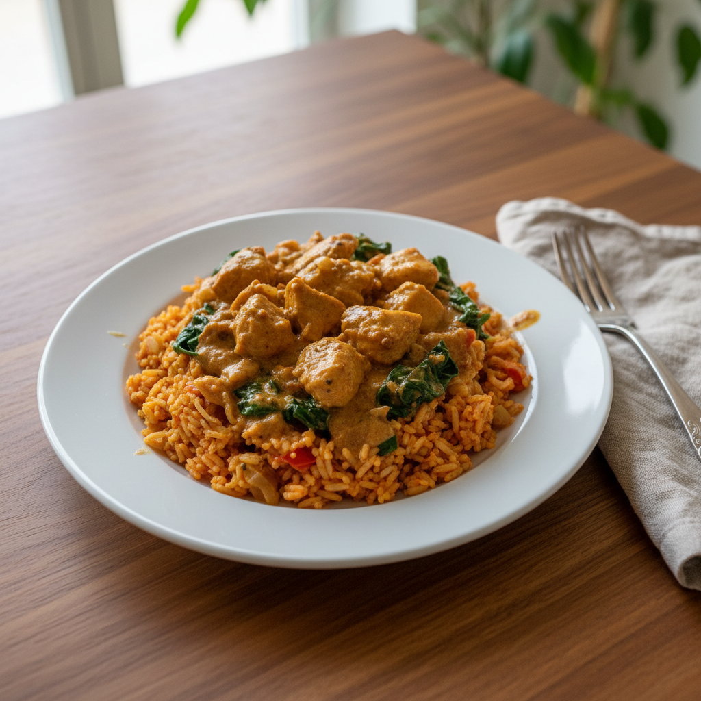 Hähnchen-Chettinad mit Tomatenreis und Spinat