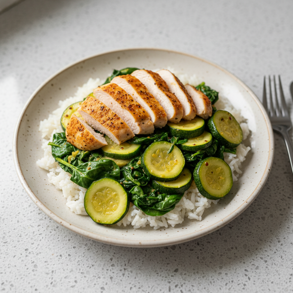Hähnchenbrust mit Reis und Zucchini-Spinat-Pfanne