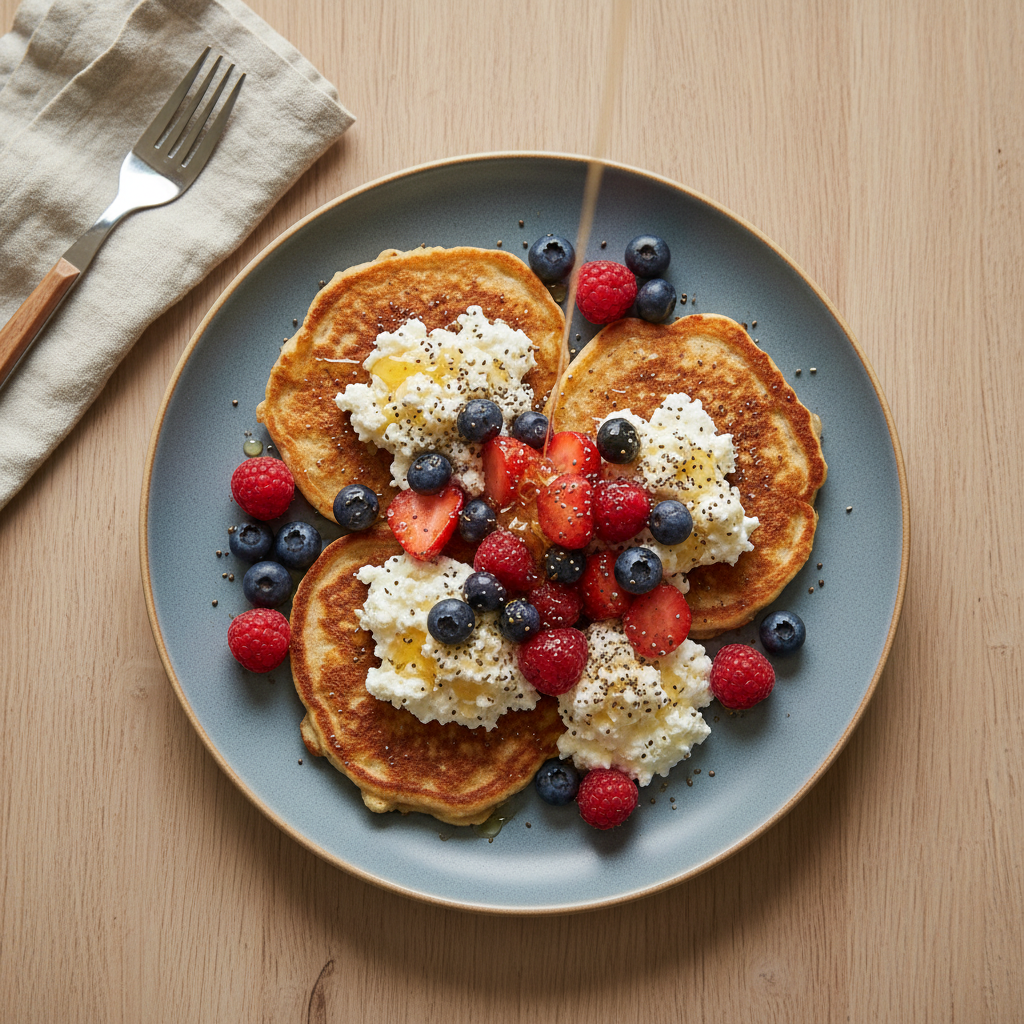 Hafer-Pfannkuchen mit Körnigem Frischkäse und Beeren