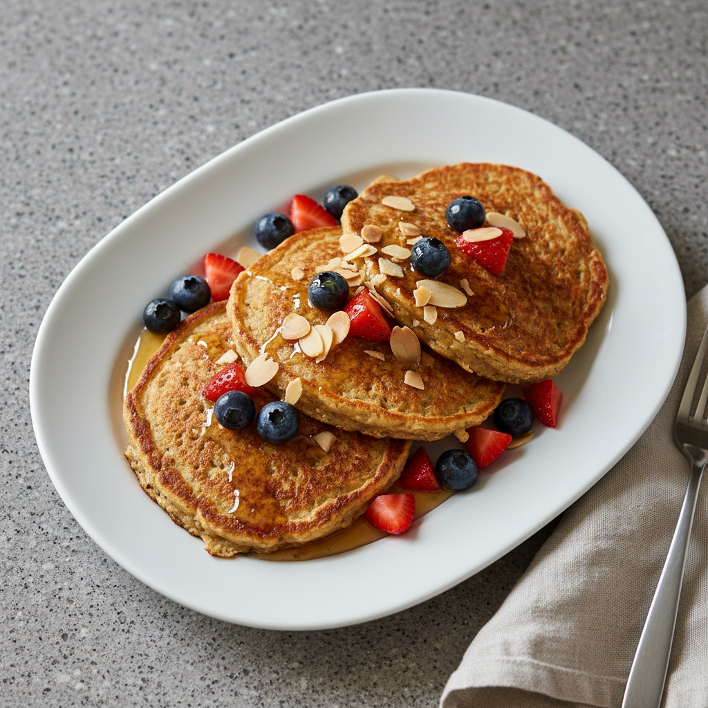 Haferflocken-Pfannkuchen mit Hüttenkäse und Beeren