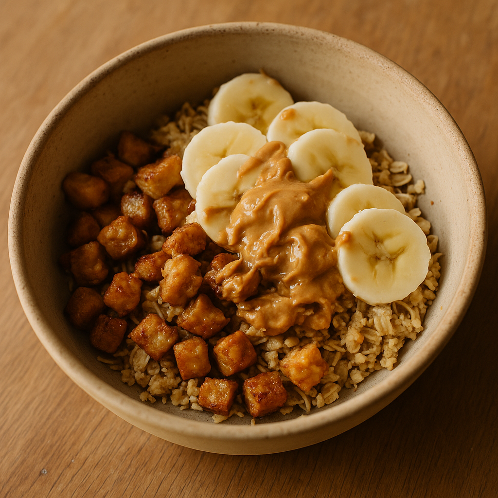 Haferflocken-Tempeh-Snack mit Banane und Erdnussbutter