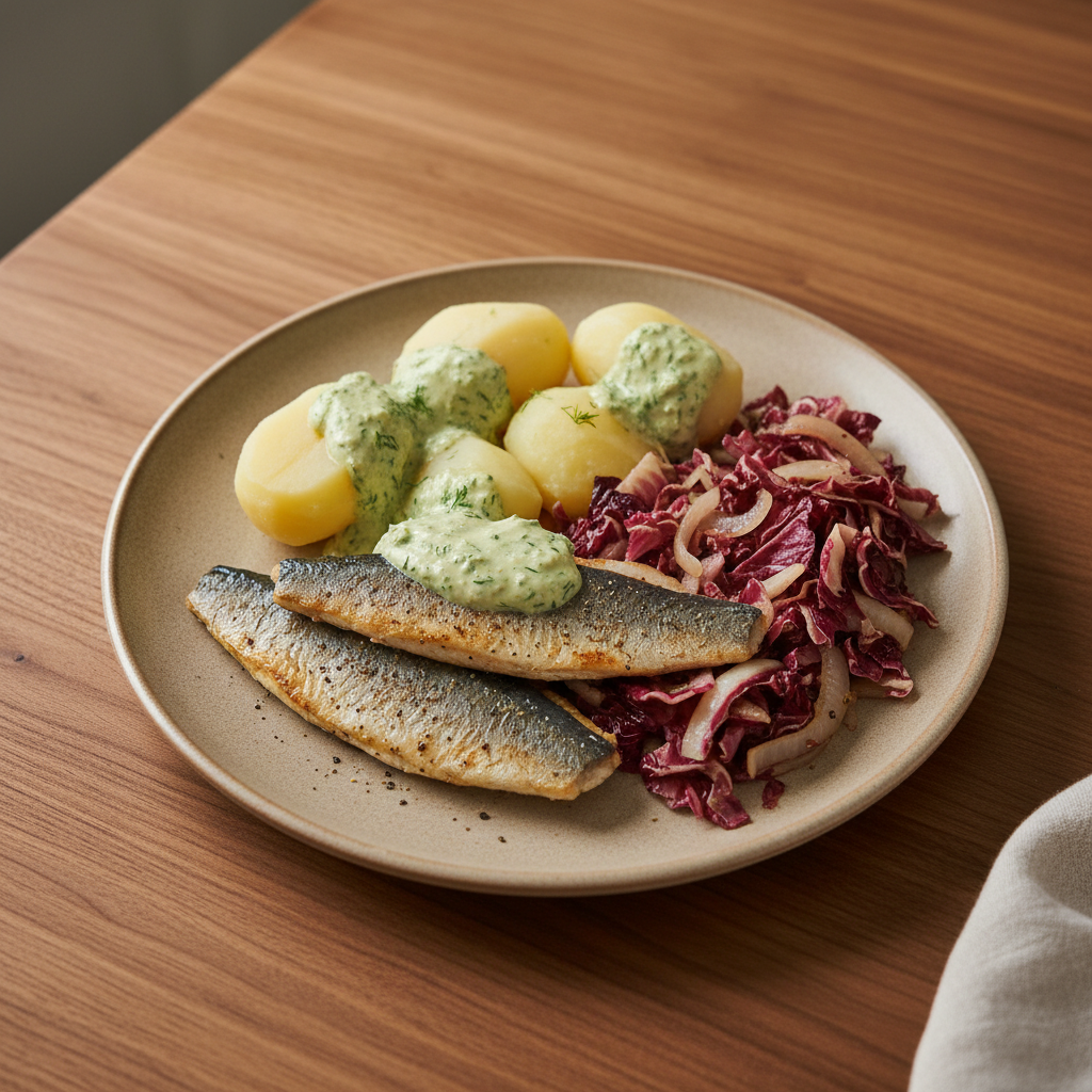 Hering in Senf-Dill-Soße mit Salzkartoffeln und Radicchio-Schalotten-Gemüse
