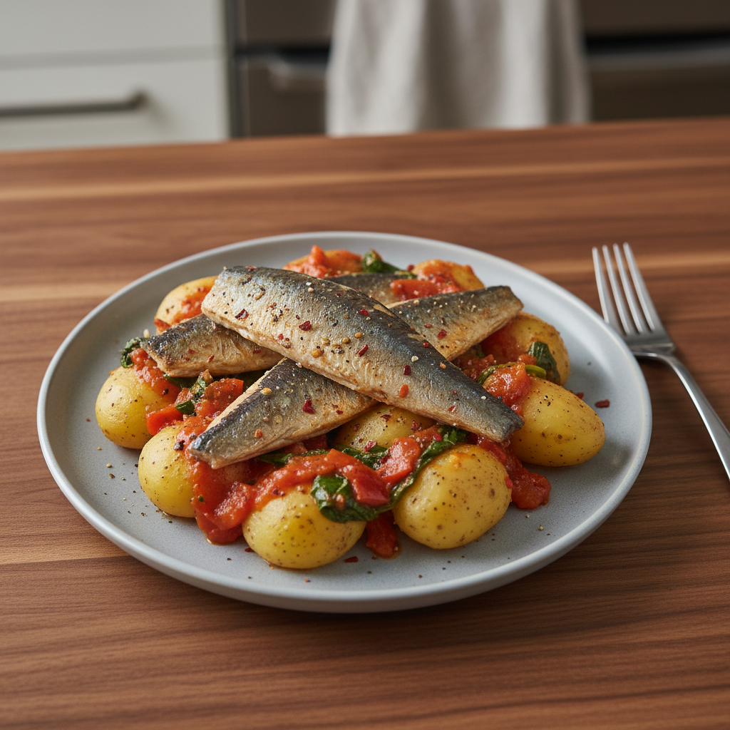 Hering mit Kartoffeln und Spinat in Paprika-Tomaten-Sauce
