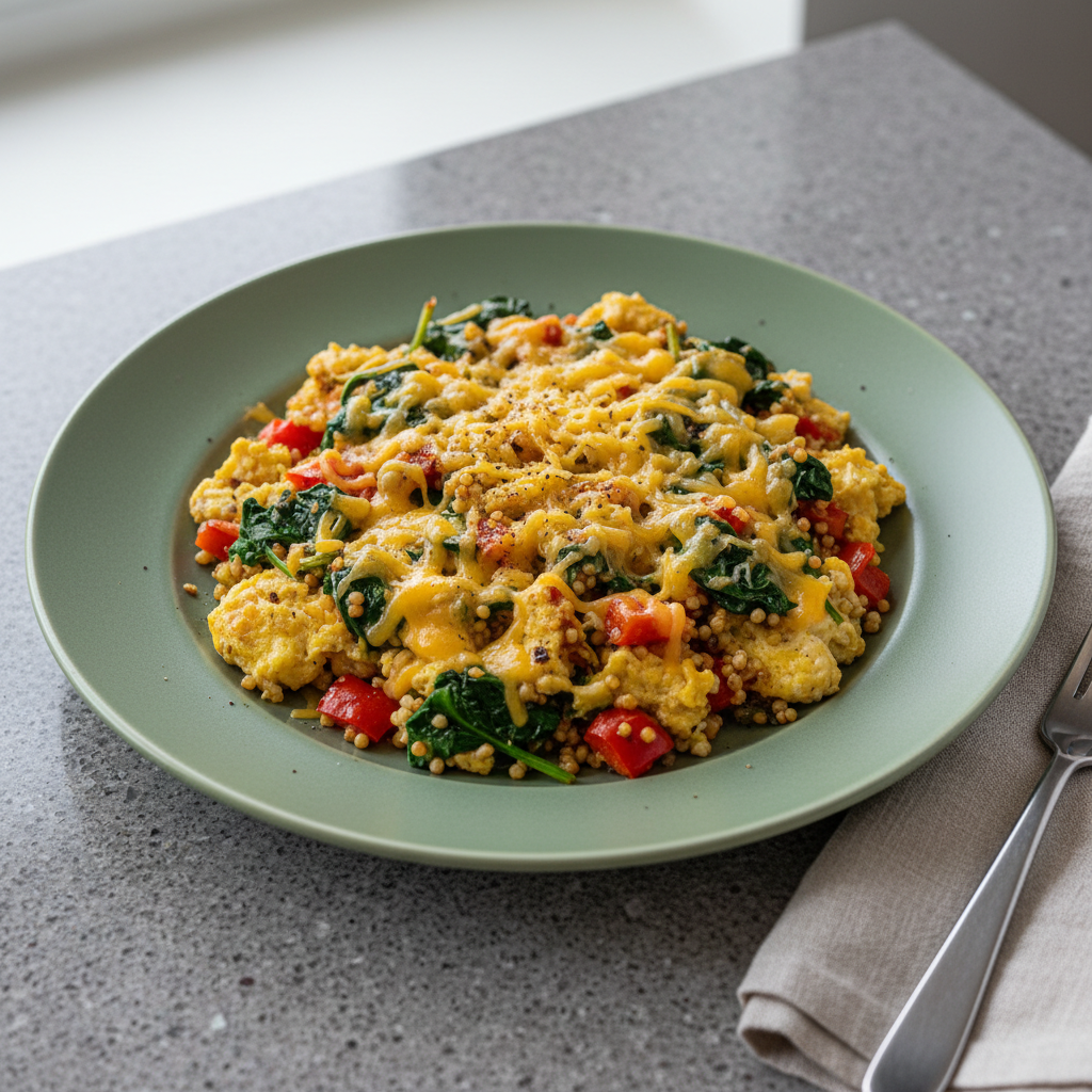 Herzhafte Eierpfanne mit Paprika, Spinat, Cheddar und Hirse