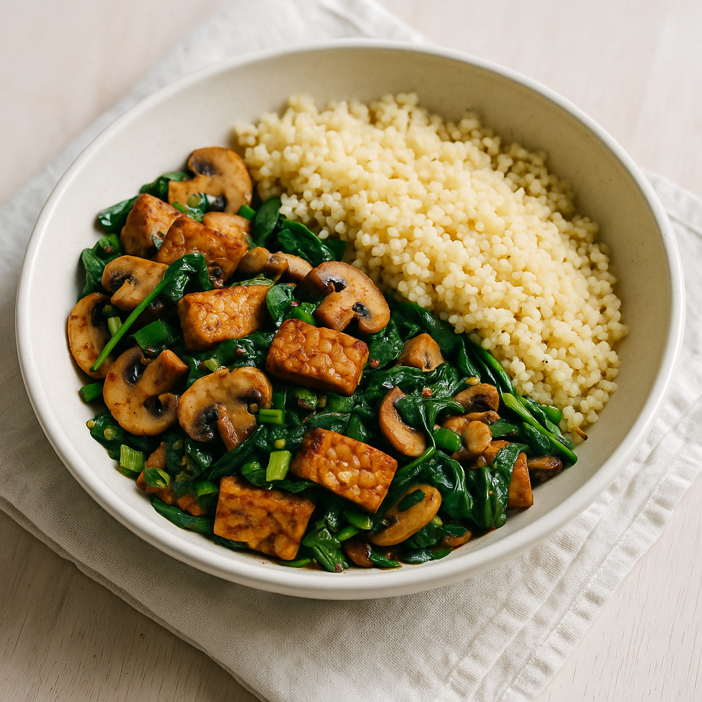 Herzhafte Tempeh-Gemüse-Pfanne mit Hirse