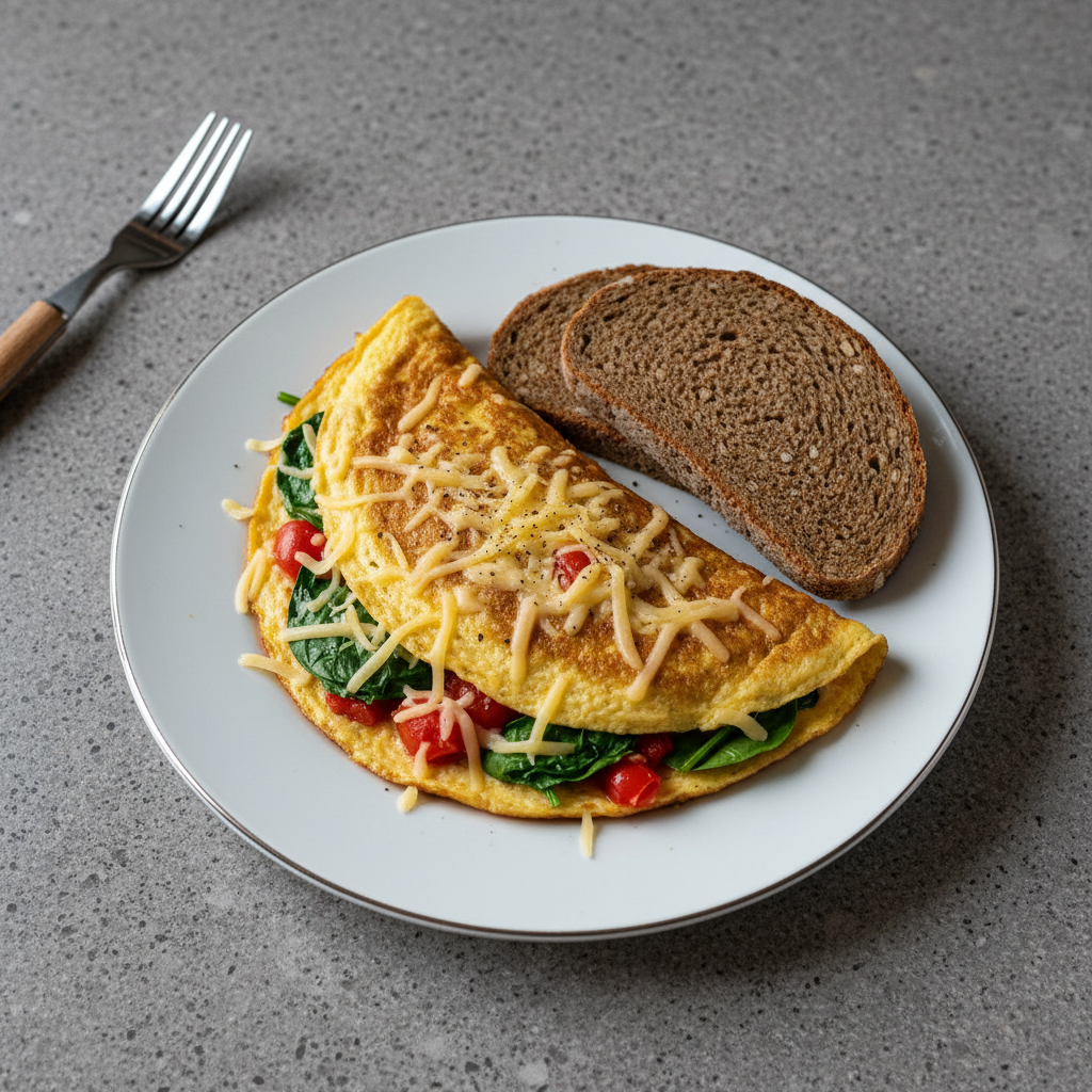 Herzhaftes Omelett mit Paprika, Babyspinat, Tomaten und Gouda, dazu Roggenbrot