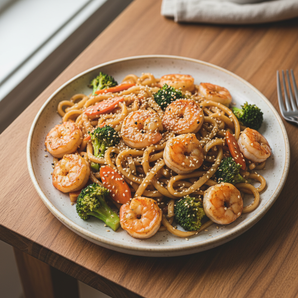 Ingwer-Sesam-Garnelen mit Udon und Brokkoli