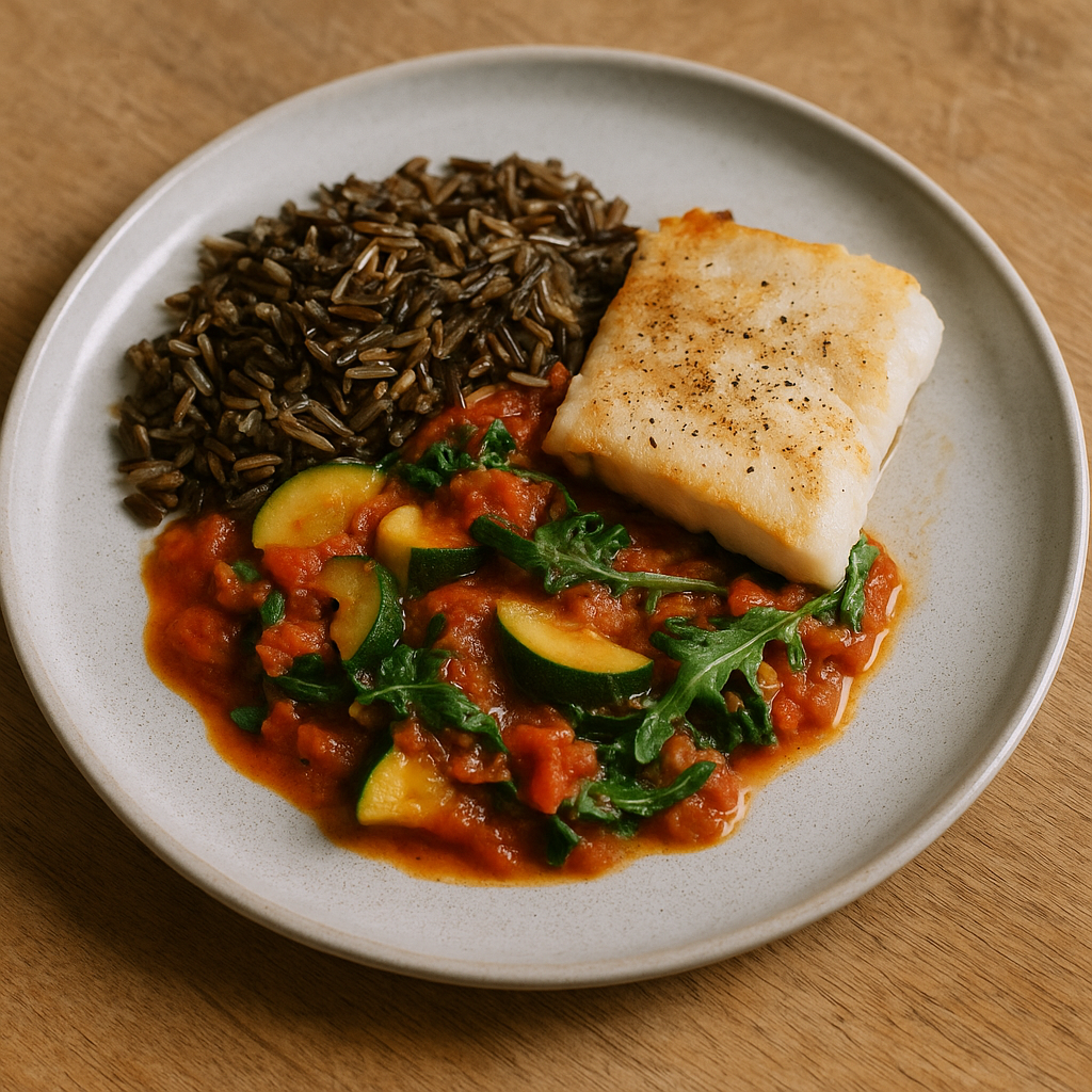 Kabeljau auf Zitronen-Tomaten-Rucola mit Wildreis