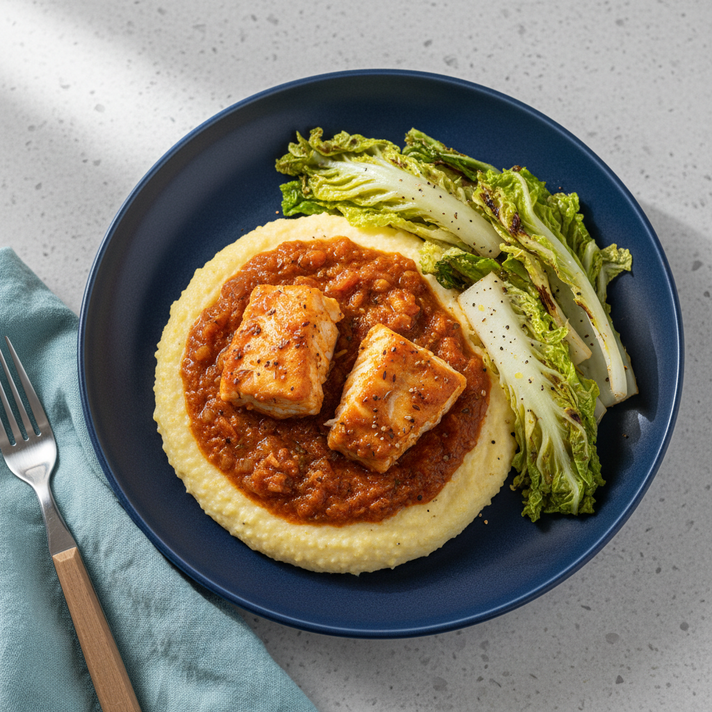 Kabeljau-Masala mit cremiger Polenta und sautiertem Chinakohl
