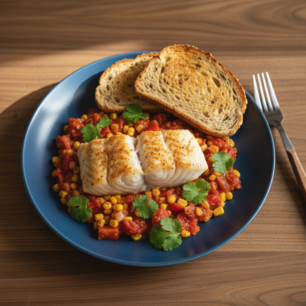 Kabeljau mit Mais-Tomaten-Pfanne und Vollkorntoast